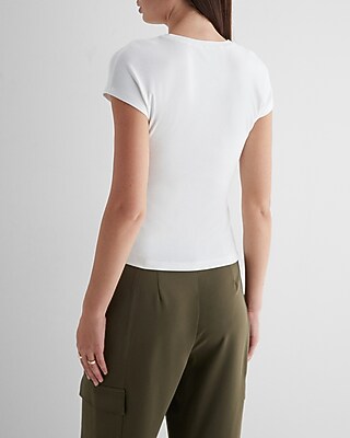 Fitted Ribbed Crew Neck Cap Sleeve Tee - image 2