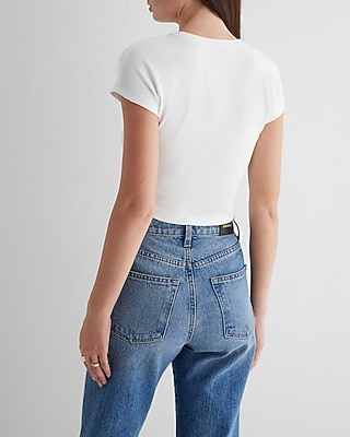 Fitted Ribbed Crew Neck Cap Sleeve Cropped Tee