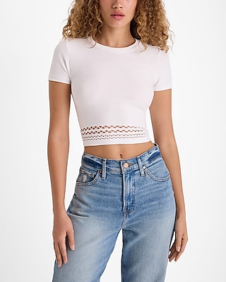 Body Contour Seamless Ribbed Mesh Hem Crew Neck Cropped Top