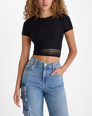 Body Contour Seamless Ribbed Mesh Hem Crew Neck Cropped Top