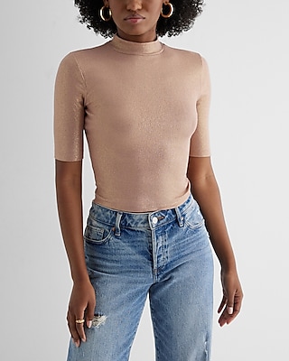 Shine Ribbed Mock Neck Elbow Sleeve Tee