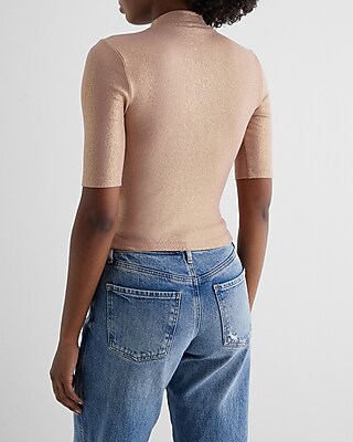 Shine Ribbed Mock Neck Elbow Sleeve Tee