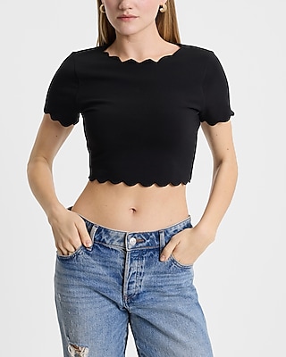 Body Contour Stretch Cotton Scalloped Cropped Short Sleeve Tee