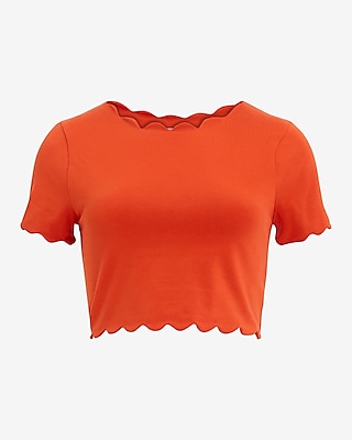 Body Contour Stretch Cotton Scalloped Cropped Short Sleeve Tee