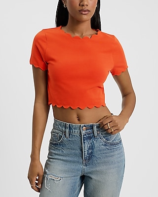 Body Contour Stretch Cotton Scalloped Cropped Short Sleeve Tee