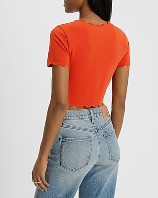 Body Contour Stretch Cotton Scalloped Cropped Short Sleeve Tee