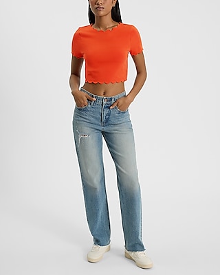 Body Contour Stretch Cotton Scalloped Cropped Short Sleeve Tee