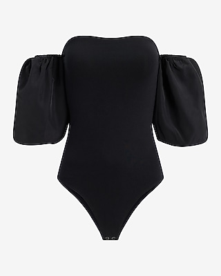 Body Contour Stretch Cotton Off The Shoulder Puff Sleeve Bodysuit