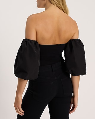 Body Contour Stretch Cotton Off The Shoulder Puff Sleeve Bodysuit