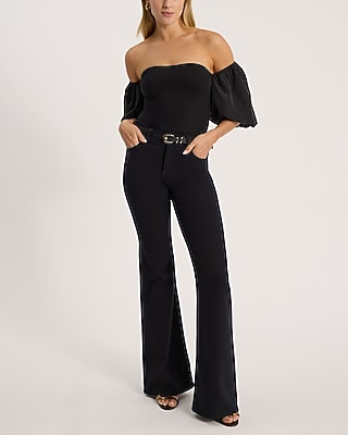 Body Contour Stretch Cotton Off The Shoulder Puff Sleeve Bodysuit