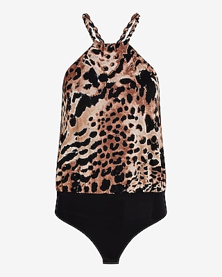 Leopard Shine Halter Sleeveless Twisted Strap Bodysuit