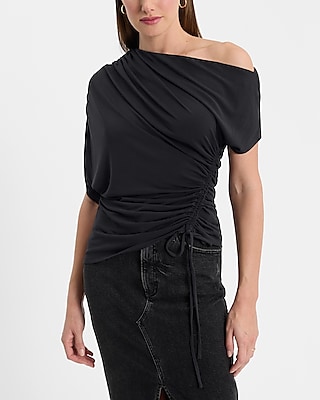 Off The Shoulder Short Sleeve Asymmetrical Ruched Tee