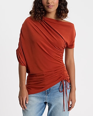 Off The Shoulder Short Sleeve Asymmetrical Ruched Tee