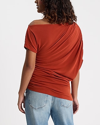 Off The Shoulder Short Sleeve Asymmetrical Ruched Tee