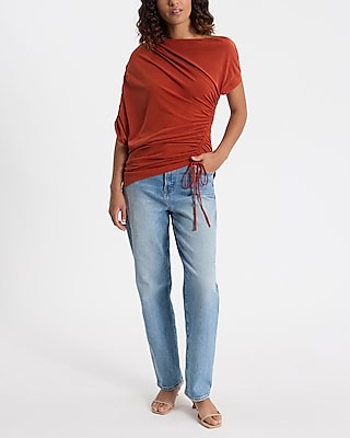 Off The Shoulder Short Sleeve Asymmetrical Ruched Tee