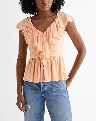 V-Neck Ruffle Peplum Top Black Women's XS