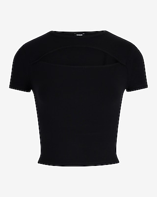Fitted Ribbed Crew Neck Cutout Cropped Tee