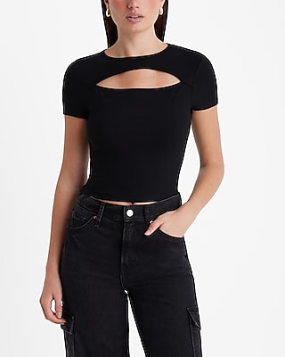 Fitted Ribbed Crew Neck Cutout Cropped Tee