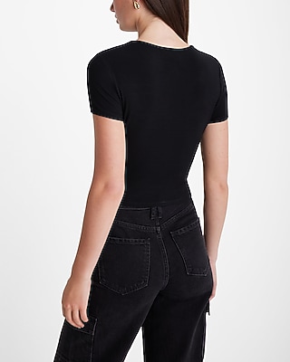 Fitted Ribbed Crew Neck Cutout Cropped Tee