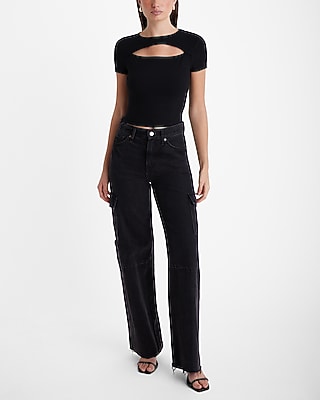 Fitted Ribbed Crew Neck Cutout Cropped Tee