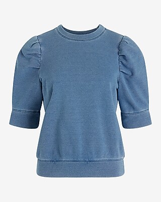 Washed Crew Neck Short Puff Sleeve Fleece Sweatshirt | Express