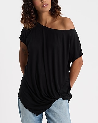 Relaxed Off The Shoulder Short Sleeve Knot Hem London Tee