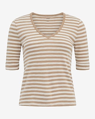 Textured Striped Ribbed V-Neck Elbow Sleeve Tee