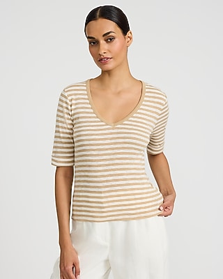Textured Striped Ribbed V-Neck Elbow Sleeve Tee