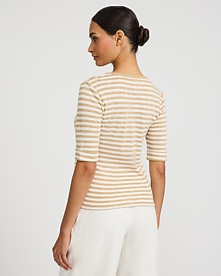 Textured Striped Ribbed V-Neck Elbow Sleeve Tee