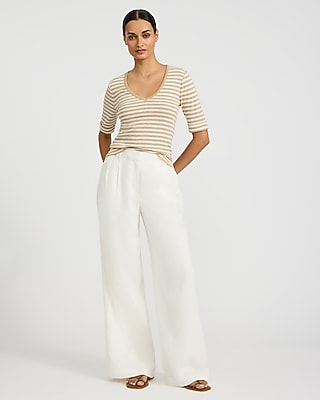 Textured Striped Ribbed V-Neck Elbow Sleeve Tee
