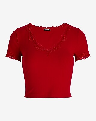Fitted V-Neck Lace Trim Short Sleeve Cropped Tee - image 5