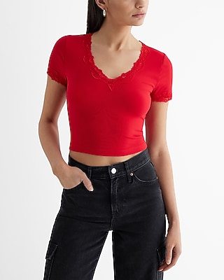 Fitted V-Neck Lace Trim Short Sleeve Cropped Tee