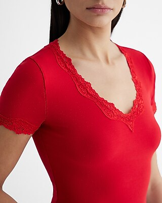 Fitted V-Neck Lace Trim Short Sleeve Cropped Tee - image 2