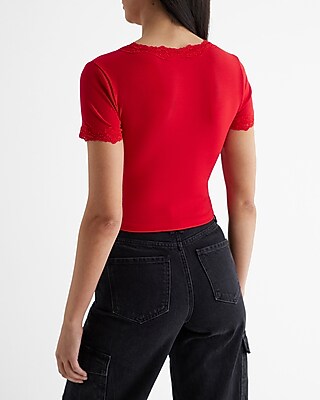 Fitted V-Neck Lace Trim Short Sleeve Cropped Tee - image 3