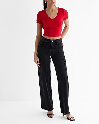 Fitted V-Neck Lace Trim Short Sleeve Cropped Tee - image 4