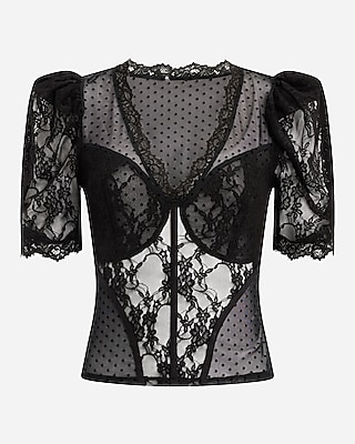 Lace V-Neck Puff Sleeve Corset Top