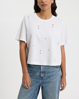 Embellished Crew Neck Short Sleeve Cropped Boyfriend Tee