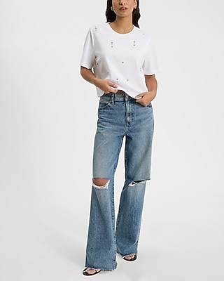 Embellished Crew Neck Short Sleeve Cropped Boyfriend Tee