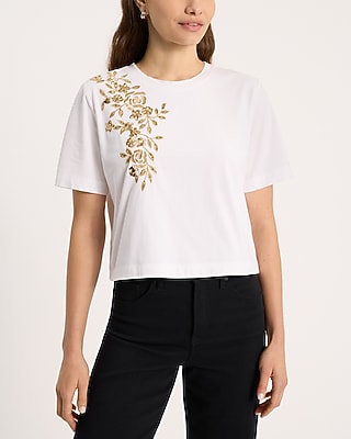 Embellished Floral Crew Neck Short Sleeve Boyfriend Tee
