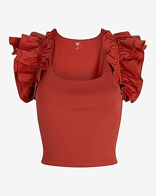 Body Contour High Compression Ribbed Ruffle Sleeve Cropped Tee