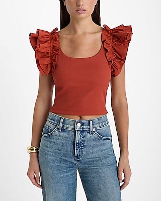 Body Contour High Compression Ribbed Ruffle Sleeve Cropped Tee