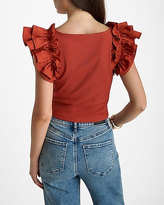 Body Contour High Compression Ribbed Ruffle Sleeve Cropped Tee