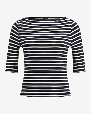 Striped Fitted Boat Neck Elbow Sleeve Tee