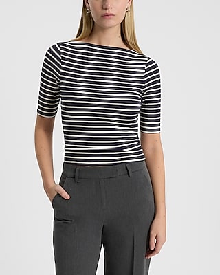 Striped Fitted Boat Neck Elbow Sleeve Tee