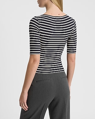 Striped Fitted Boat Neck Elbow Sleeve Tee