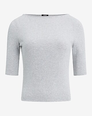 Fitted Ribbed Boat Neck Elbow Sleeve Tee - image 4