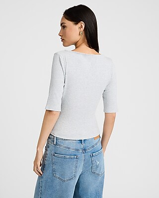 Fitted Ribbed Boat Neck Elbow Sleeve Tee - image 2