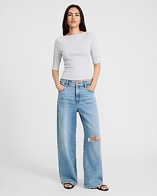 Fitted Ribbed Boat Neck Elbow Sleeve Tee - image 3
