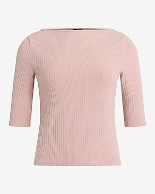 Fitted Ribbed Boat Neck Elbow Sleeve Tee