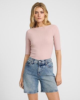Fitted Ribbed Boat Neck Elbow Sleeve Tee
